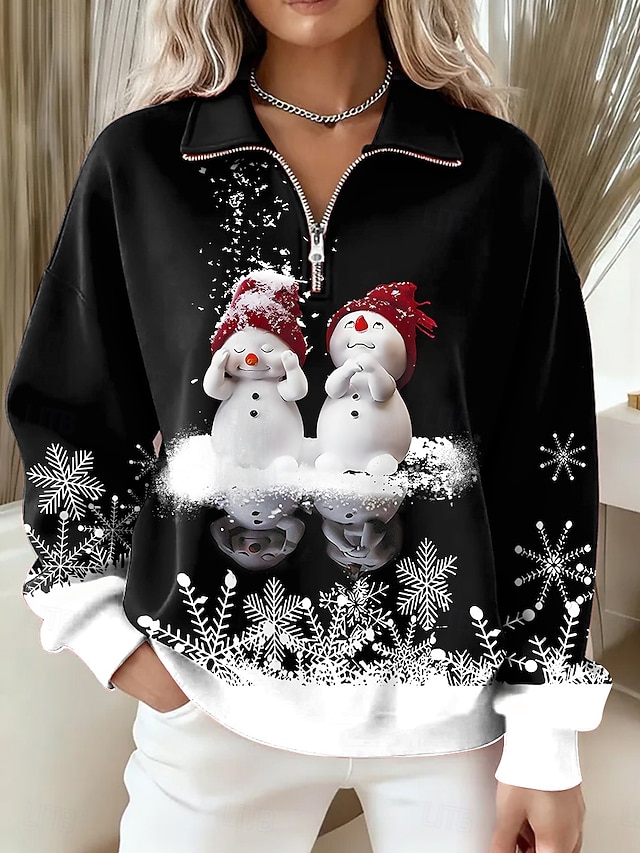 Women's Pullover Sweatshirt Snowman Snowflake Casual Long Sleeve Half Zip Regular Tops Dailywear Casual Holiday Patchwork White Golden Red Fall Winter - White