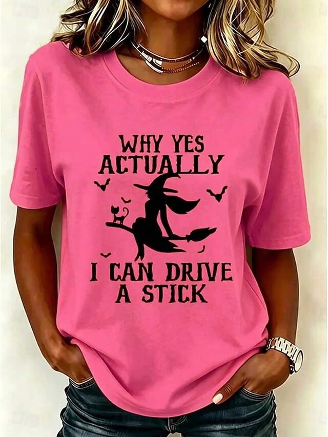 Halloween Women's T Shirt Print Graphic Witch Vintage Stylish Casual Short Sleeve Crew Neck Long Tops Casual Daily Weekend White Black Pink Orange Green Summer Spring Fall Winter - Pink
