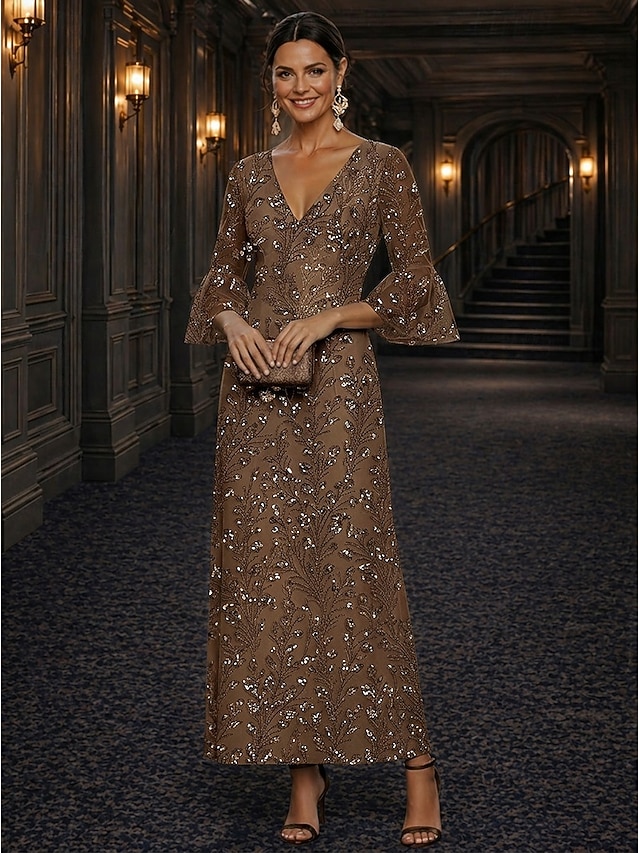 A-Line Dress Floor Length Ankle Length Cocktail Dress Mother of the Bride Dress Long Sleeve V Neck Elegant Luxurious Sparkle & Shine Formal Wedding Guest Semi Formal Lace with Beading Sequin - Brown
