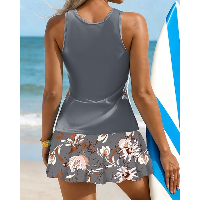 Women's Floral Print Swimsuit Tankini 2 Pieces Printed Elastic Sleeveless Swimwear Surfing Snorkeling Swimming Summer - Dark Grey