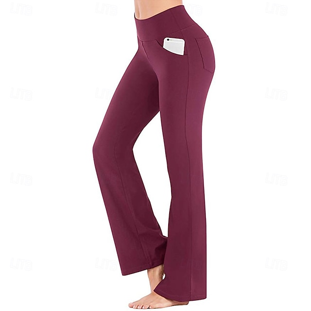 Women's High Waist Yoga Pants Side Pockets Bootcut Leggings Tummy Control 4 Way Stretch Quick Dry Dark Grey Wine Fitness Gym Workout Dance Summer Sports Activewear High Elasticity - Wine