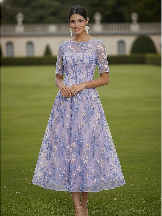 A-Line Dress Tea Length Lace Dress Cocktail Dress Mother of the Bride Dress Short Sleeve Half Sleeve Boat Neck Elegant Vintage Luxurious Wedding Guest Semi Formal Lace with Embroidery Flower - Lavender