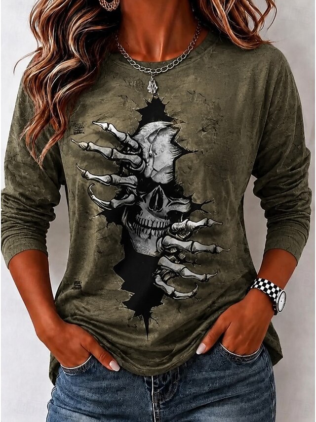 Halloween Women's 3D Skull Spider Web Print T Shirt Gothic Horror Graphic Long Sleeve Crew Neck Casual Top Khaki Fall Winter - Green