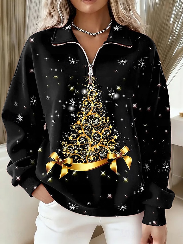 Women's Pullover Sweatshirt Snowman Snowflake Casual Long Sleeve Half Zip Regular Tops Dailywear Casual Holiday Patchwork White Golden Red Fall Winter - Golden