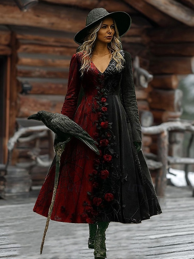 Halloween Women's Spider Web Print Maxi Dress Gothic Baroque Graphic A Line V Neck Long Sleeve Witch Costume Party Dress Black Dark Red - Black