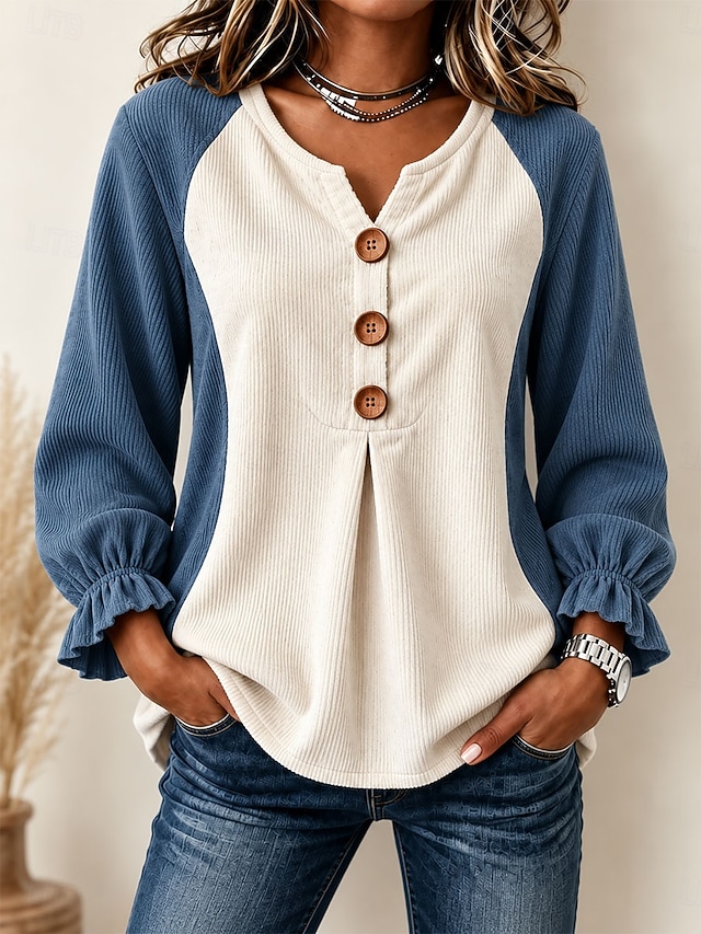 Women's Corduroy Shirt Dressy Tops Frill Blouse Patchwork Vintage Stylish Casual Long Sleeve Ruffle Sleeve V Neck Regular Tops Casual Party Holiday Navy Blue Summer Fall Winter - Navy Blue