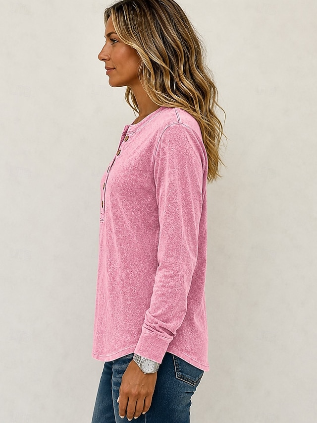 Women's Washed Cotton 100% Cotton Henley Shirt Acid Wash Vintage Washed Plain Vintage Fashion Stylish Sleeveless Short Sleeve Long Sleeve Henley Regular Tops Casual Beach Blue Pink Charcoal Grey - Pink