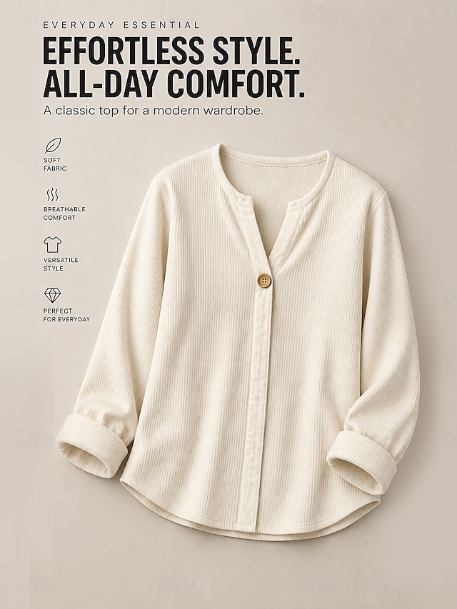 Women's Corduroy Shirt Blouse Ruffle Blouse Texture Buttons Solid Color Plain Vintage Daily Stylish Long Sleeve V Neck Regular Tops Casual Army Green Beige Gray Spring Fall Winter - Beige