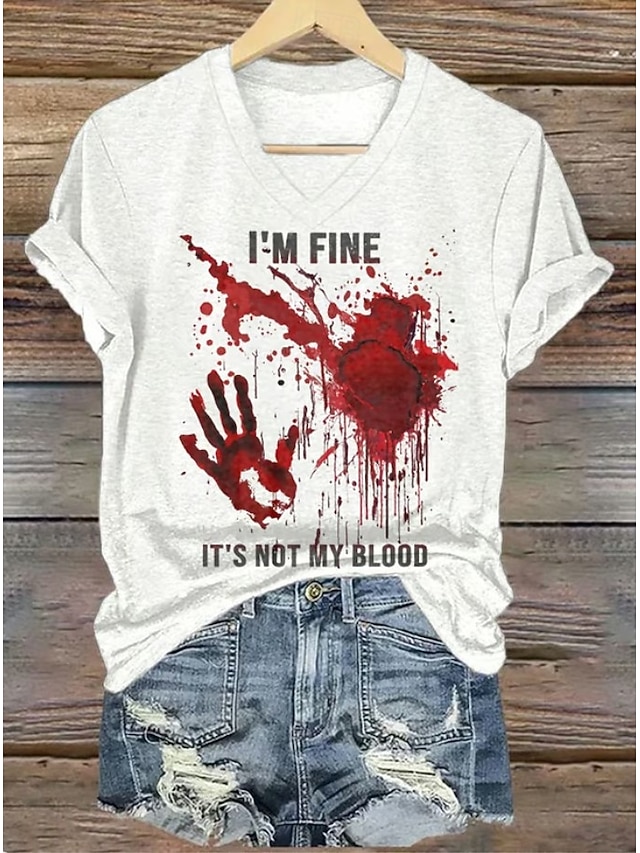 Halloween Women's Bloody Problem Solved T Shirt Bloodstain Graphic Letter Vintage Stylish Classic Short Sleeve V Neck Regular Tops Daily Print Gray/Red White Wine Red Red White Spring - Red White