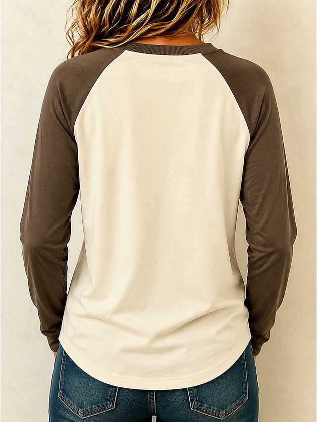 Women's Shirt 100% Cotton Stylish Casual Beach Long Sleeve Crew Neck Long Tops Casual Black Brown Green Spring Fall Winter - Brown