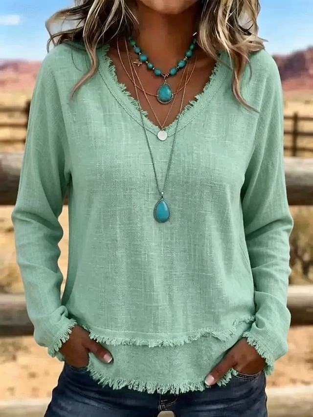 Women's T Shirt Fringe Daily Long Sleeve V Neck Regular Tops Casual Outdoor Streetwear Blue Yellow Light Green Pink Green Fall Winter - Light Green