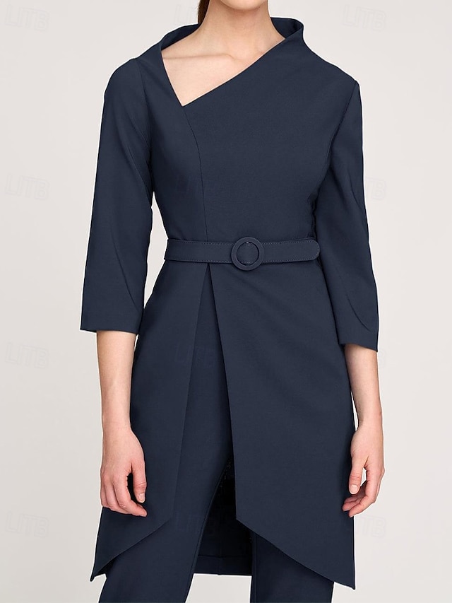 Two Piece Ankle Length Mother of the Bride Dress 3/4 Length Sleeve V Neck Simple Minimalist Casual Formal Wedding Guest Crepe with Sash / Ribbon - Dark Navy