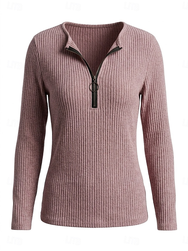 Women's Blouse Texture Quarter Zip Vintage Long Sleeve Crew Neck Casual claret Deep Pink Black Navy Blue Light Grey Fall - Deep Pink