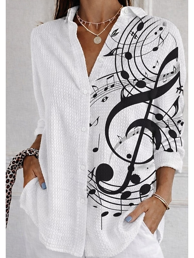 Women's Waffle Shirt Casual Shirt Summer Tops Graphic Geometric Vintage Stylish Long Sleeve Turndown Long Tops Daily Outdoor Streetwear White+Black Rainbow Spring Fall Winter - White+Black
