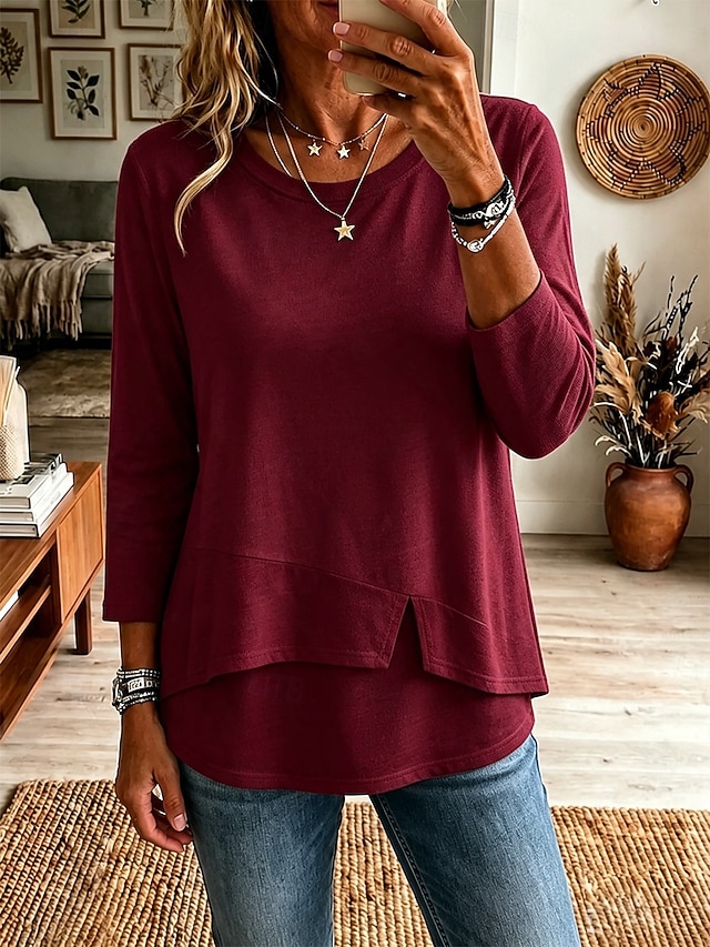 Women's 100% Cotton T Shirt Solid Color Stylish Casual 3/4 Length Sleeve Round Neck Regular Tops Casual Daily Blue White Black Pink Wine Summer Spring Fall - Wine