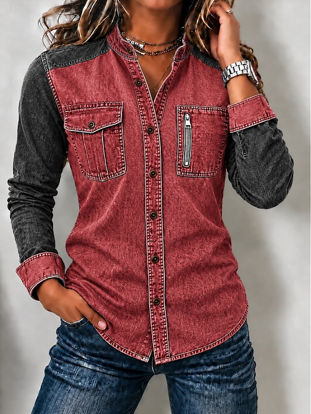 Women's Denim Blouse Denim Shirt Henley Shirt Patchwork Zipper Plain Vintage Fashion Stylish Long Sleeve Stand Collar Regular Tops Casual Blue Khaki Red Spring Fall Winter - Red