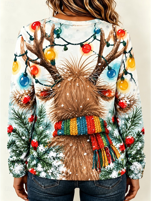 Christmas Women's T Shirt Print Graphic Santa Claus Vintage Fashion Stylish Long Sleeve Crew Neck Regular Tops Casual Daily Weekend Khaki Black Red Beige Spring Fall Winter - Beige