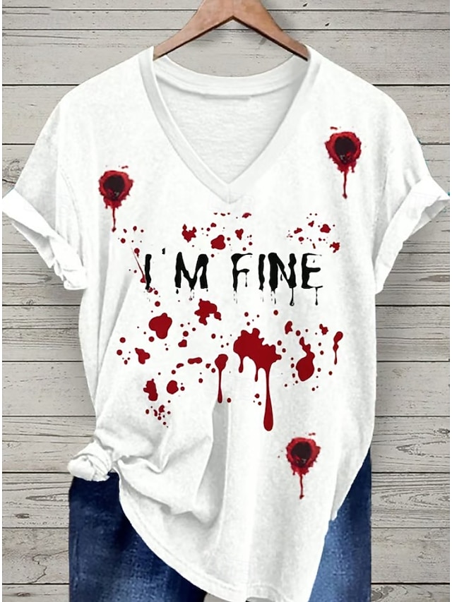 Halloween Women's Bloody Problem Solved T Shirt Bloodstain Graphic Letter Vintage Stylish Classic Short Sleeve V Neck Regular Tops Daily Print Gray/Red White Wine Red Red White Spring - White