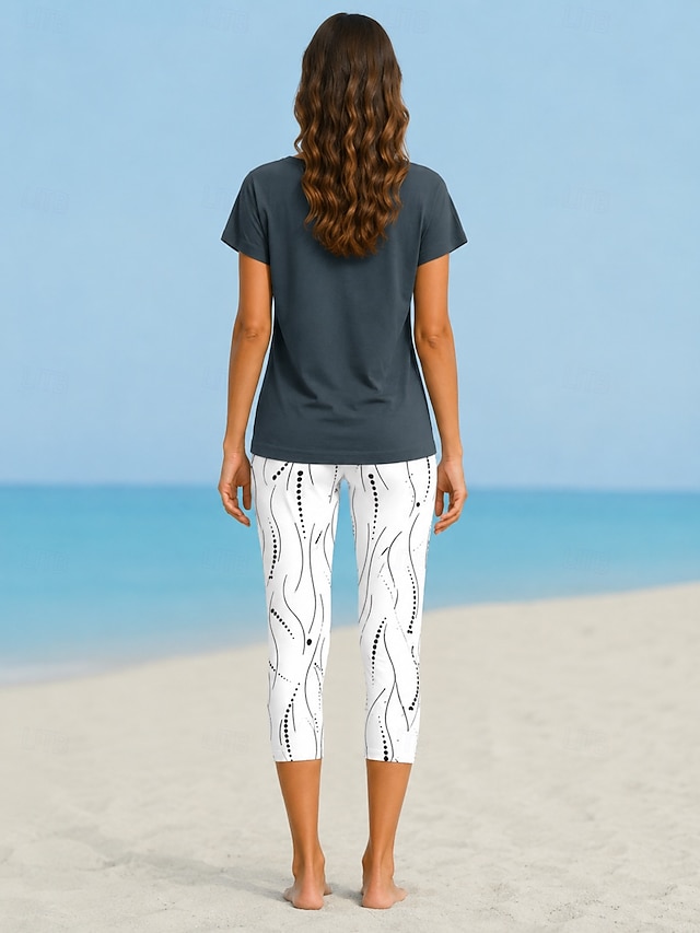 Women's Leggings Capri Pants High Elasticity Vacation Vintage Fashion Calf-Length High Waist Floral Graphic Printing Breathable Soft Stretchy Formal Vacation Office White Green Light Blue Summer - White