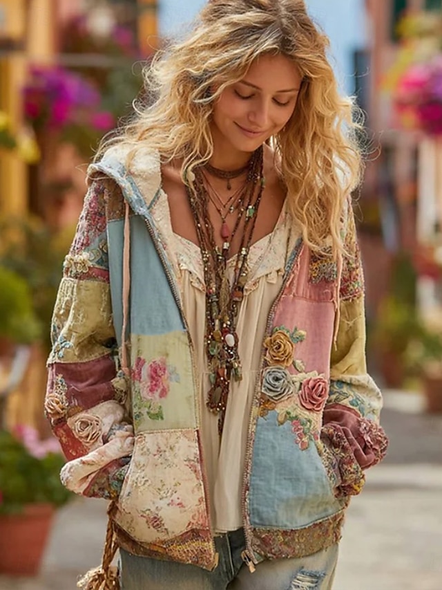 Women's 3D Print Vintage Boho Hoodie Patchwork Hoodie Sweatshirt Floral Zip Up s Vintage Fashion Casual Long Sleeve Hooded Street Dailywear Casual Patchwork Zipper Pocket Red Blue Spring Fall - Blue