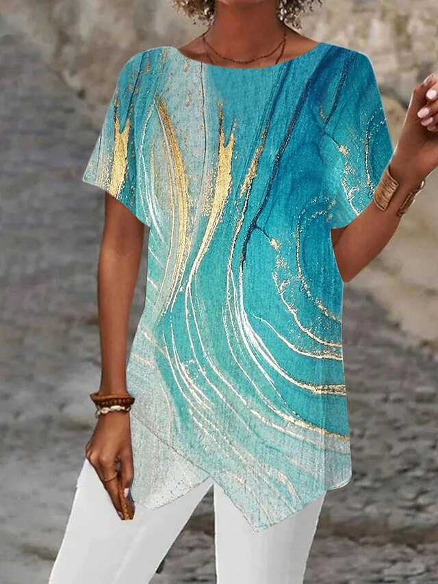 Women's Blouse Asymmetrical Hem Basic Abstract Print Short Sleeve Long Tops Round Neck Casual Silver Black White Blue Khaki - Blue
