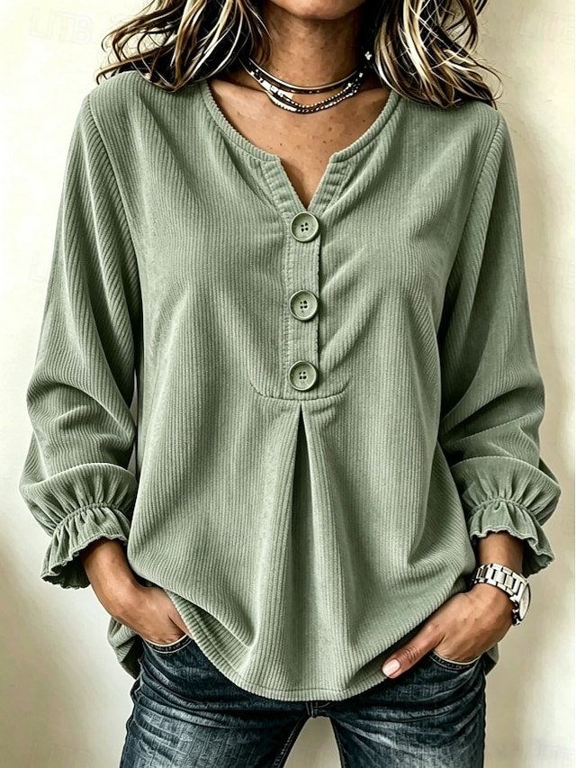 Women's Corduroy Shirt Blouse Ruffle Blouse Solid Color Plain Casual Long Sleeve V Neck Regular Tops Casual claret off white Black Pink Sky Blue Spring Fall - Green