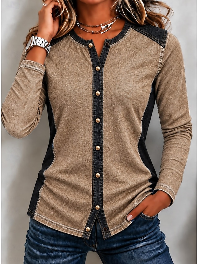 Women's Denim Blouse Denim Shirt Henley Shirt Patchwork Plain Vintage Fashion Stylish Long Sleeve Turndown Regular Tops Casual Beach Khaki Green Summer Spring Fall Winter - Khaki