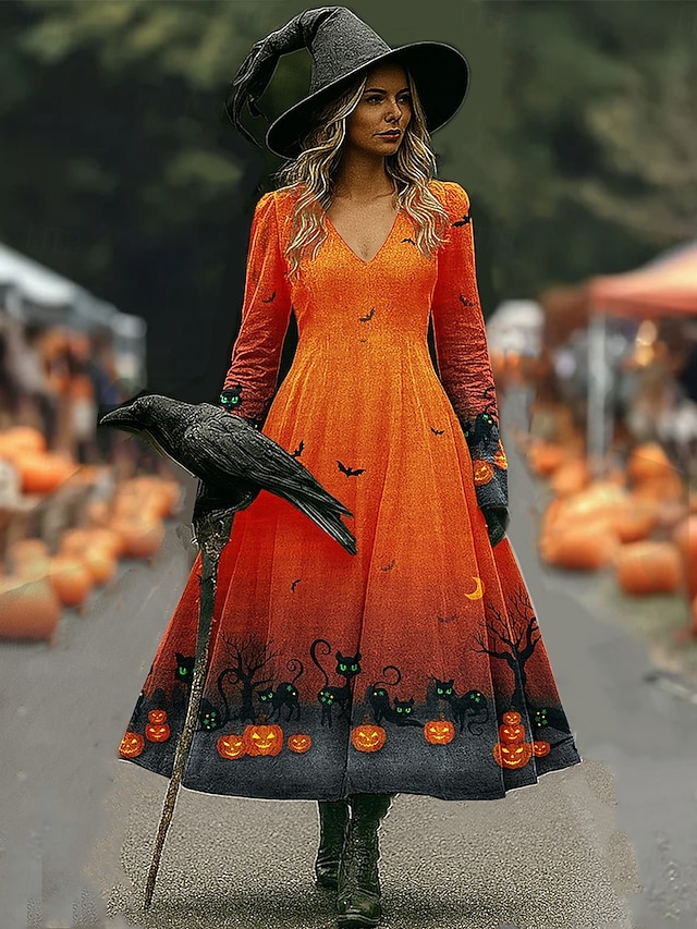 Halloween Women's Witch Print Maxi Dress A Line Dress Vacation Casual Boho Beach Regular Fit Floral Graphic Hocus Pocus Long Sleeve V Neck Purple Orange Spring Fall - Orange