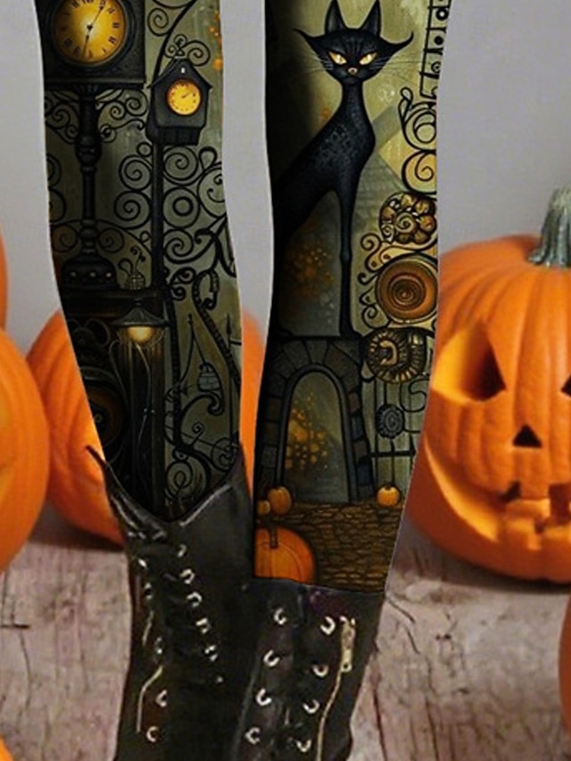 Halloween Women's Leggings Cozy Leggings Vacation Basic Casual Full Length High WaistPantsHalloween Cat Printing Thermal Warm Comfortable Stretchy Vacation Casual Daily Green Fall Winter Slim Fit - Green