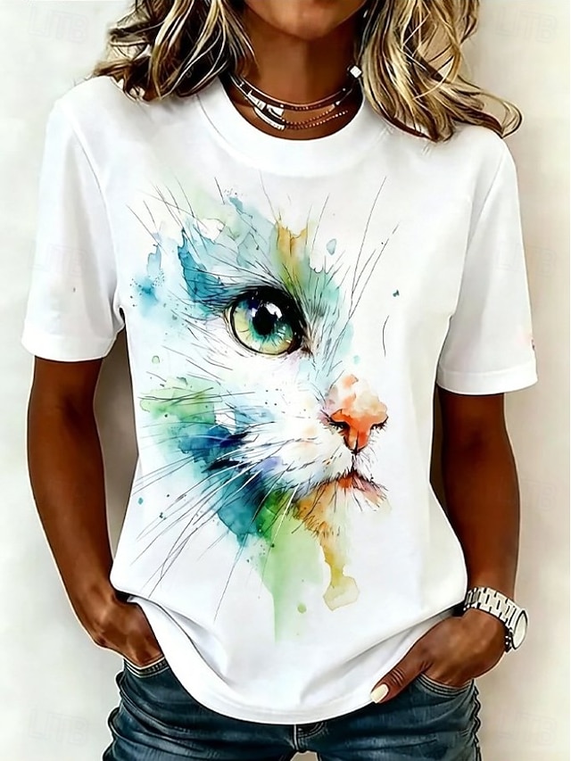 Women's T Shirt Print Graphic Animal Cat Vintage Stylish Classic Short Sleeve Crew Neck Regular Tops Casual Daily White Black Light Green Pink Summer Spring - Light Green