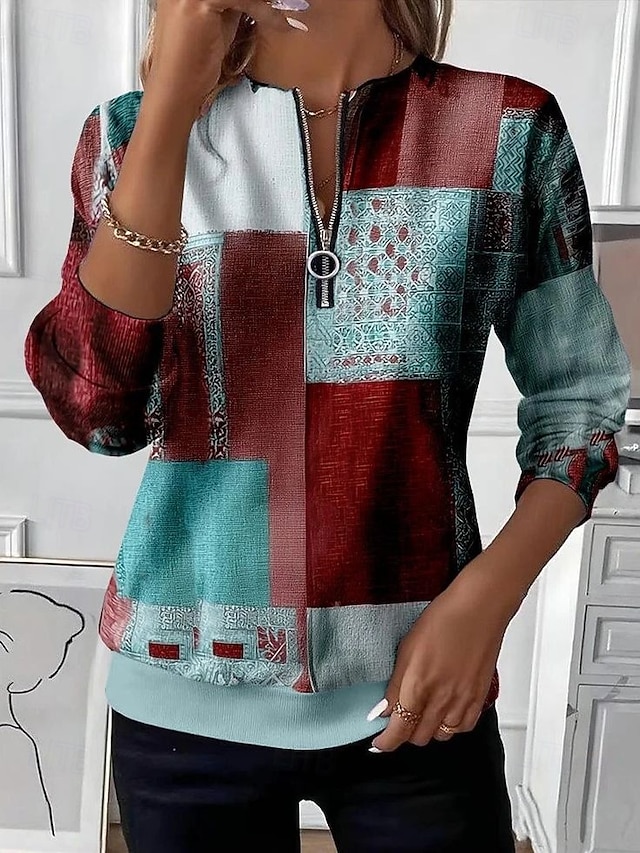 Women's Pullover Sweatshirt Zip Up Sweatshirts Patchwork Zipper Print Graphic Geometric Color Block Fashion Casual Long Sleeve Crew Neck Regular Tops Street Dailywear Blue Wine Green Fall Winter - Green