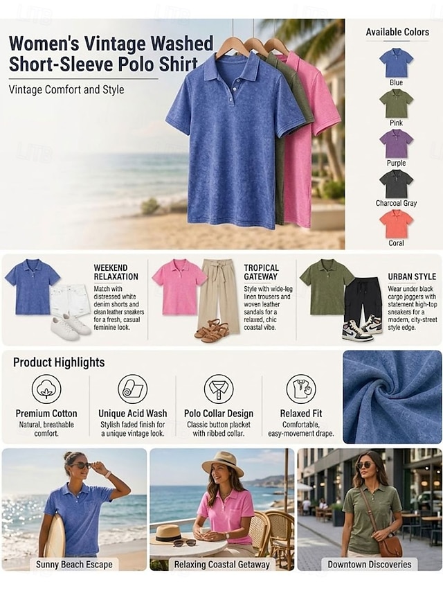 Women's Washed Cotton 100% Cotton Henley Shirt Vintage Short Sleeve Regular Tops Casual Beach Blue Pink Summer Spring - Blue
