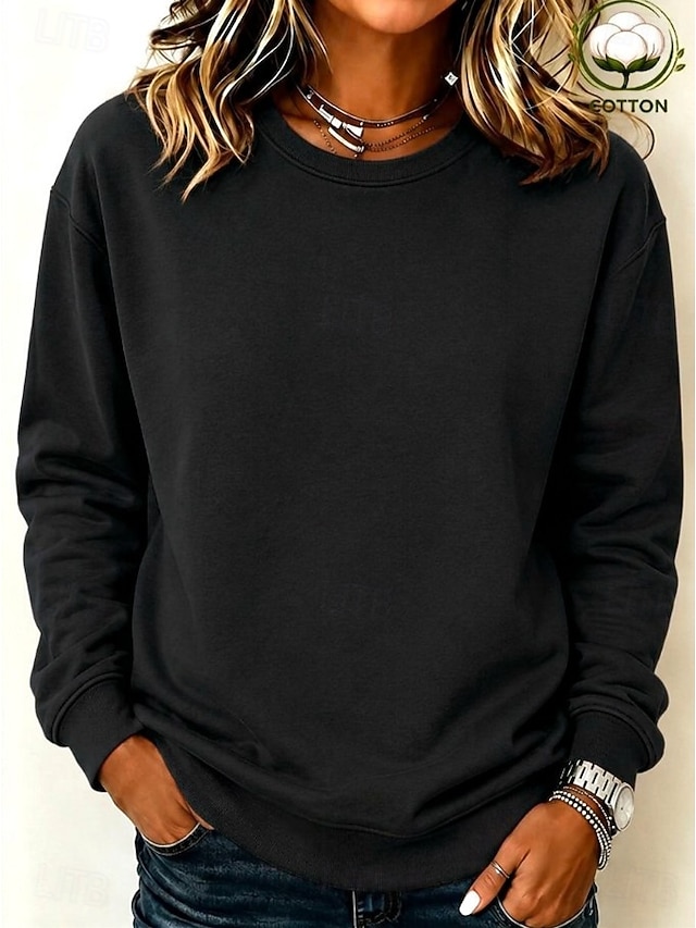 Women's Pullover Sweatshirt Casual Long Sleeve Crew Neck Regular Tops Casual Home Street Black Purple Orange Green khaki Spring Fall Winter - Black