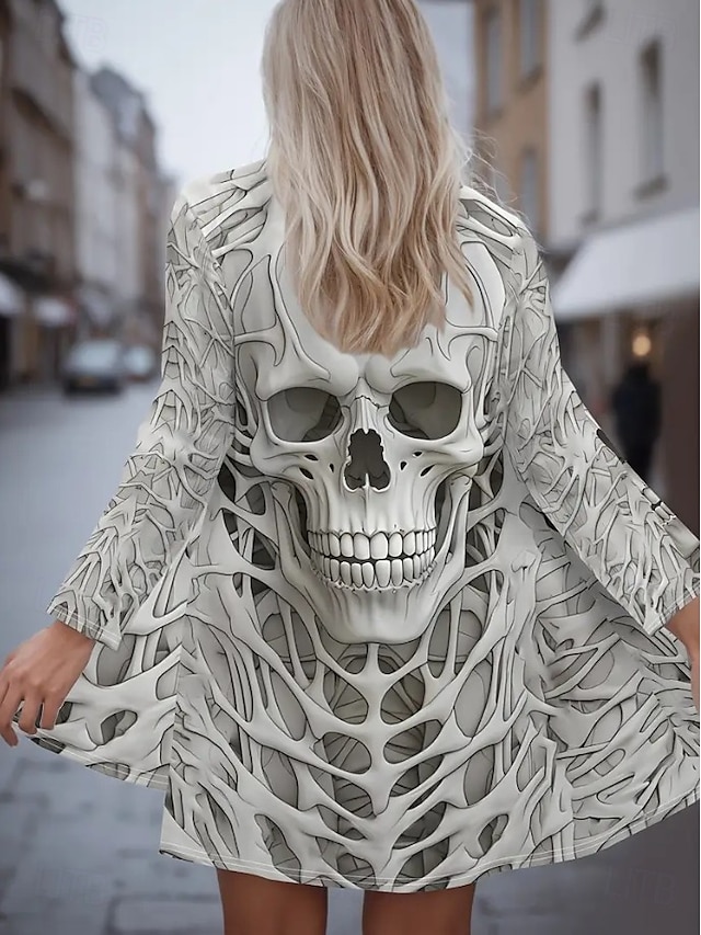 Halloween Women's Giant Skull 3D Bone Cage Print Kimono Cardigan Lightweight Collarless Open Front 3/4 Sleeve Long Cover Up White Gray - White