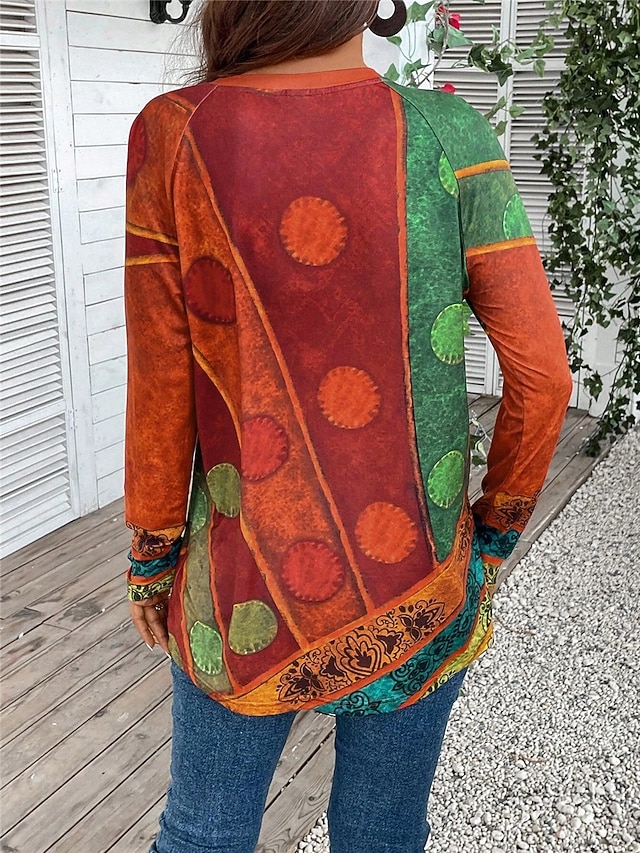 Women's T shirt Long Sleeve Vintage Ethnic Casual Print Long Sleeve Long Tops Crew Neck Daily Red Purple Green Fall Winter Prefall - Red