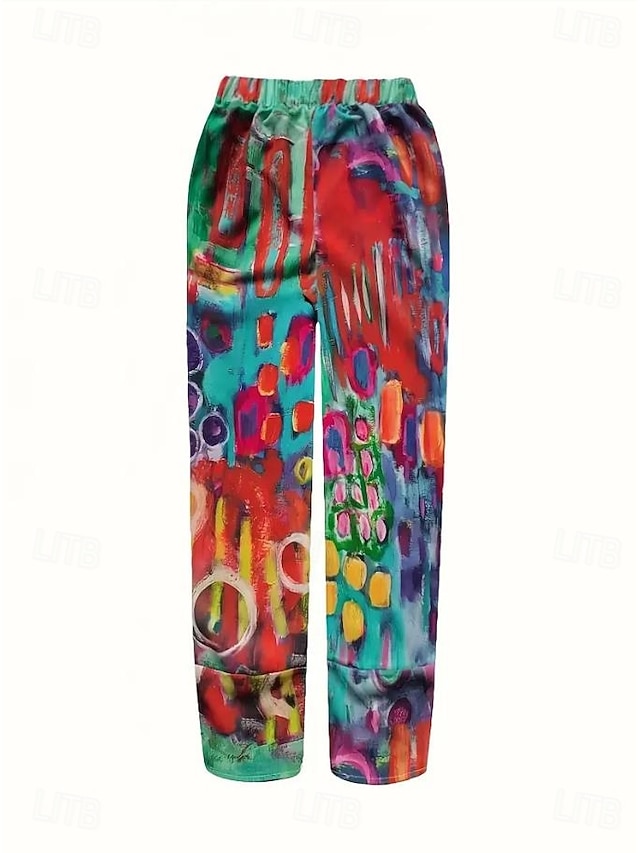 Women's Cotton Linen Pants Vacation Vintage Ethnic Style Full Length High Waist Drawstring Printing Vacation Street Causal Robin's Egg Blue Red Summer Spring Loose Fit - Red
