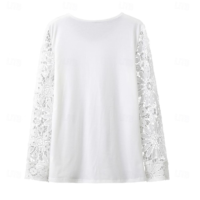 Women's Cotton Lace Shirt Blouse Dressy Tops Elegant Fashion Basic Solid Color Pleated Patchwork Long Sleeve Regular Tops Notched Neck Casual Daily White Red Spring Fall - Red