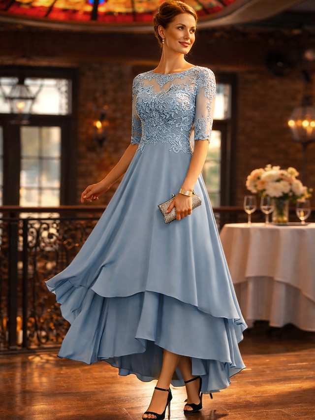 A-Line Asymmetrical Party Dress Cocktail Dress Wedding Guest Dress Mother of the Bride Dress Half Sleeve Crew Neck Elegant Simple Formal Wedding Guest Formal Evening with Lace Solid Color - Dusty Blue