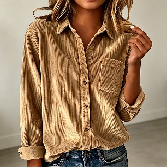 Women's Corduroy Shirt Pocket Buttons Solid Color Plain Vintage Cute Stylish Long Sleeve Shirt Collar Regular Tops Casual Daily Work Blue Khaki Black Pink Army Green Fall Winter - Khaki