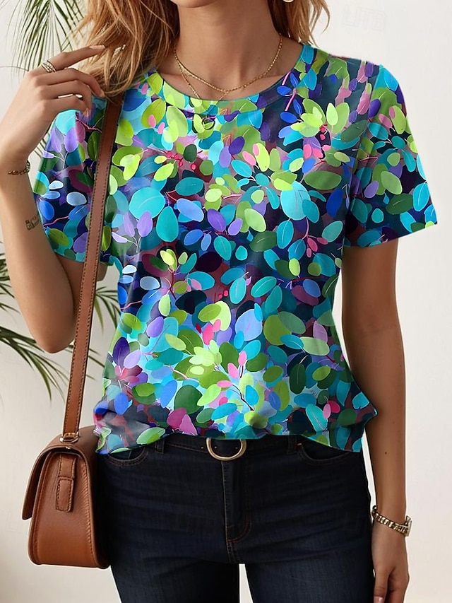 Women's T Shirt Print Floral Casual Short Sleeve Round Neck Regular Tops Daily Blue Black White Light Green Purple Summer - Green