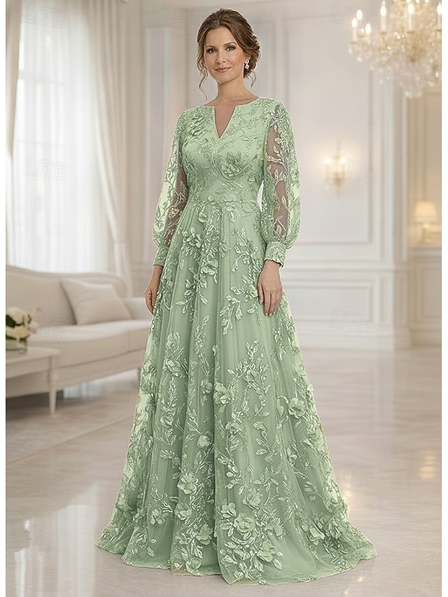 A-Line Dress Floor Length Maxi Dress Party Dress Cocktail Dress Mother of the Bride Dress Long Sleeve V Neck Elegant Vintage Luxurious Formal Wedding Guest Semi Formal Lace with 3D Flowers Embroidery - Sage