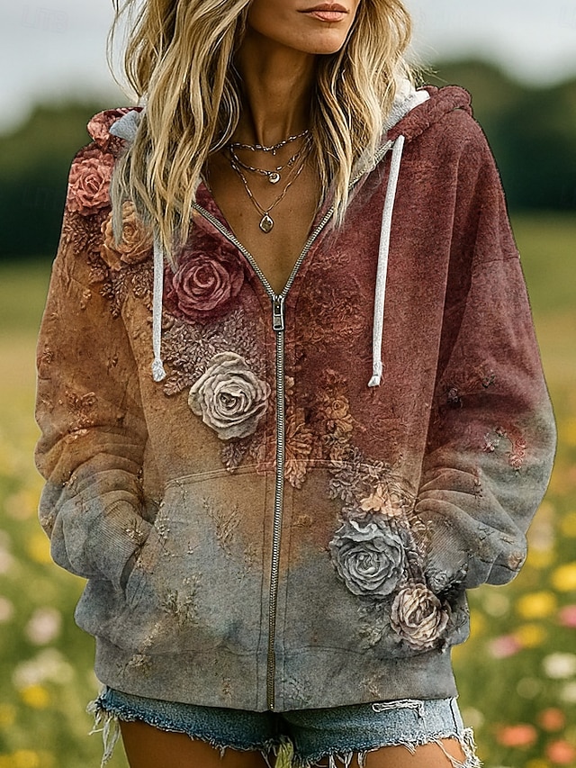 Women's 3D Print Vintage Boho Hoodie Patchwork Hoodie Sweatshirt Floral Zip Up s Vintage Fashion Casual Long Sleeve Hooded Street Dailywear Casual Patchwork Zipper Pocket Red Blue Spring Fall - Brown