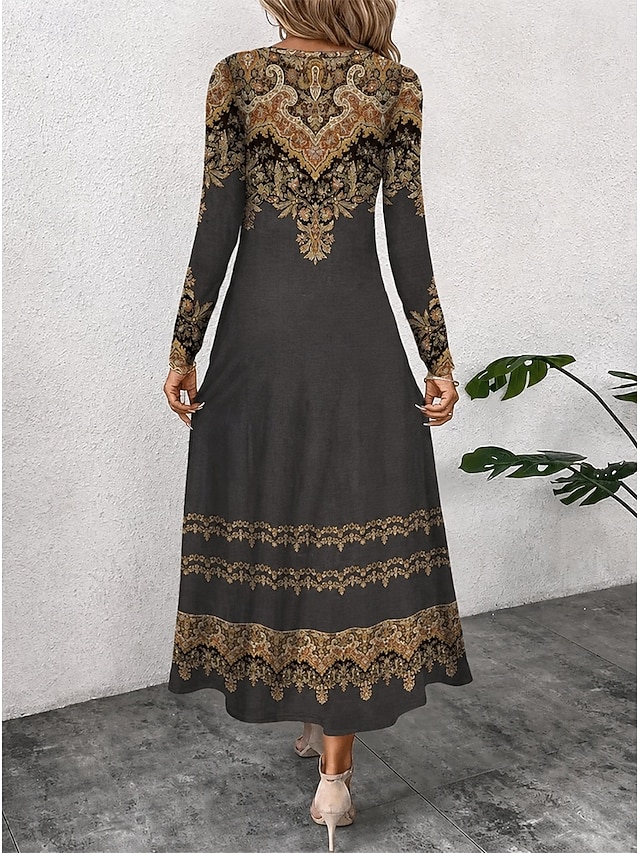 Women's Maxi Dress Boho Sheath Dress T Shirt Dress Tee Dress Vacation Casual Holiday Date Regular Fit Graphic Geometric Tribal Long Sleeve Crew Neck Blue Dark Brown Black Red Spring Fall - Black