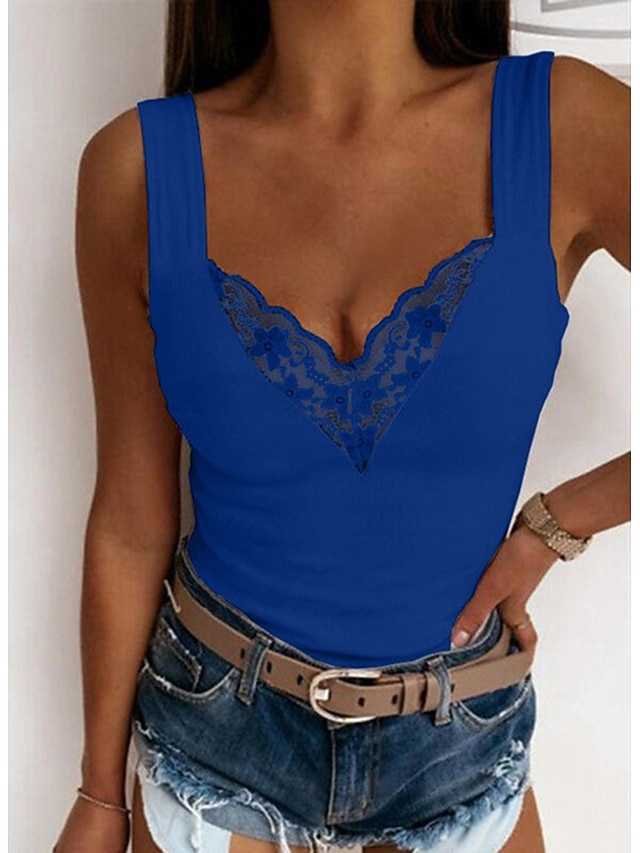 Women's Camisole Tank Top Going Out Tops Camis Concert Tops Black White Blue Plain Patchwork Lace Trims Sleeveless Party Daily Basic Sexy Sweetheart Regular S - Blue