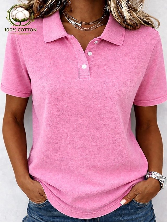 Women's Washed Cotton 100% Cotton Henley Shirt Vintage Short Sleeve Regular Tops Casual Beach Blue Pink Summer Spring - Pink