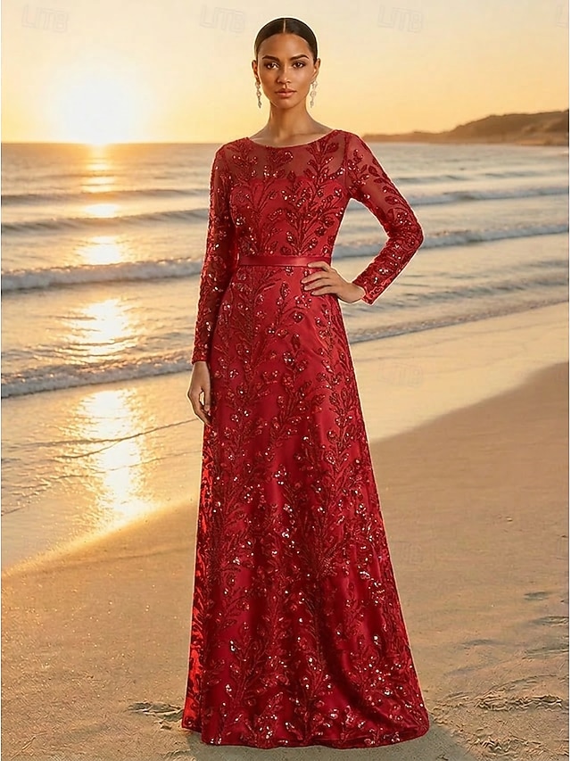 A-Line Dress Floor Length Party Dress Cocktail Dress Mother of the Bride Dress Long Sleeve Bateau Neck Elegant Vintage Luxurious Formal Wedding Guest Formal Evening Satin Tulle with Sequin Flower - Red
