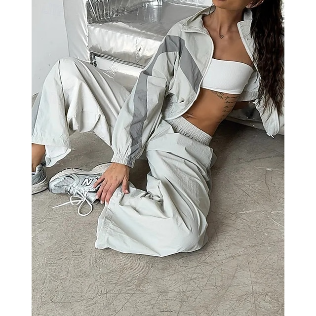 Women's Tracksuit Sweatpants Track Pants Zipper Pocket Solid Colored Clothing Suit Spring Fall White Black Gym Running Training Windproof Long Sleeve Sport Activewear Micro-elastic Regular - White
