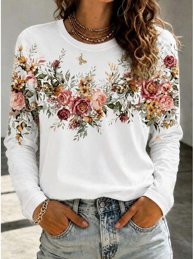 Women's T Shirt Print Floral Graphic Fashion Stylish Classic Long Sleeve Crew Neck Regular Tops Casual Daily Weekend White Black Yellow Red Green Summer Spring Fall - White