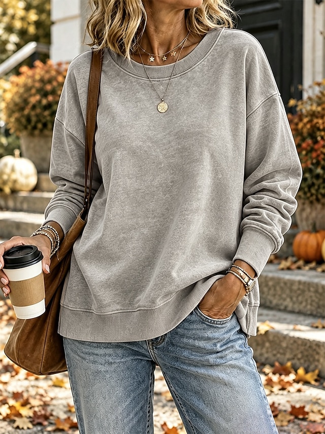 Women's Washed Cotton Pullover Sweatshirt Pullover Plain Active Vintage Casual Long Sleeve Crew Neck Regular Tops Casual Home Street Black Pink Purple khaki Army Green Spring Fall Winter - Grey
