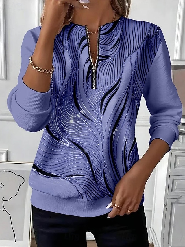 Women's Zip Up Sweatshirts Zipper Print Graphic Abstract Fashion Casual Long Sleeve Round Neck Regular Tops Street Dailywear Blue Purple Orange Green Gray Fall Winter - Blue